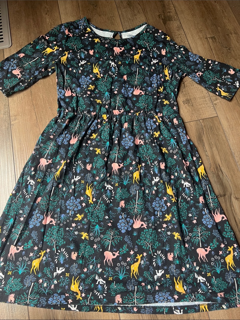 Old Navy Black Dress with Pink, Yellow & Blue Animal Floral Print